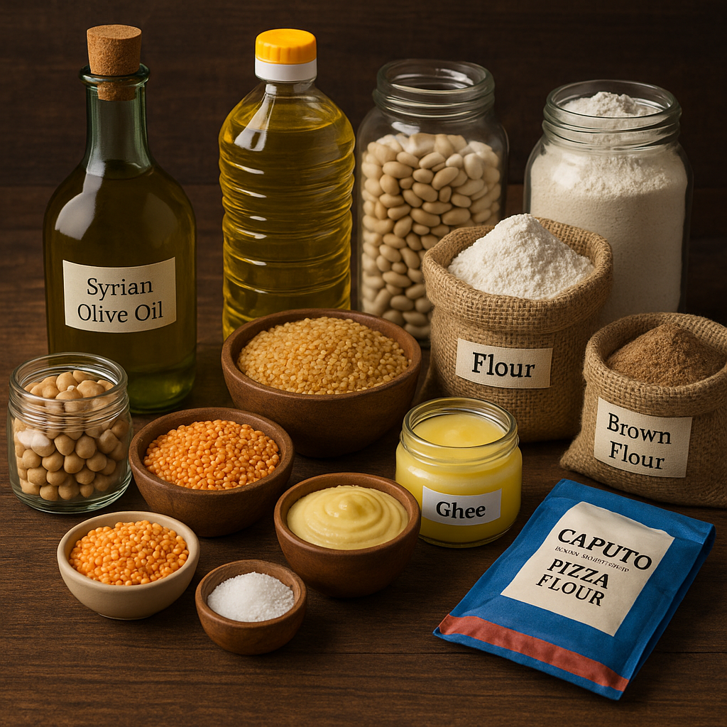 Pantry staples like oils, grains, and flour